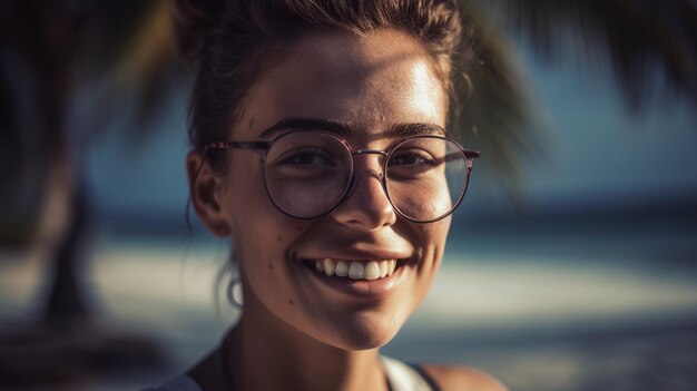 A woman with glasses smiles at the camera.