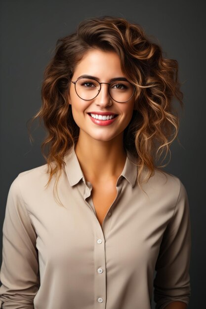 Woman with glasses smiling for the camera with gray background Generative AI