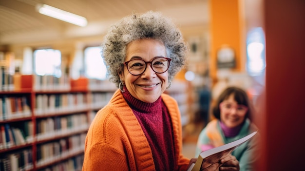 Photo a woman with glasses smiling in a library