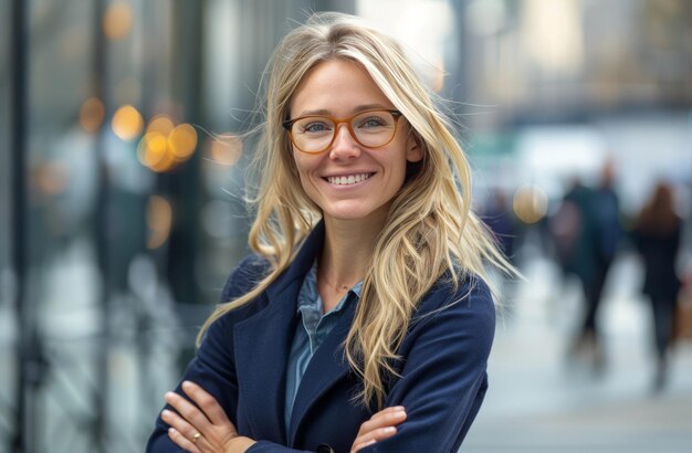 Photo woman with glasses standing in front of building