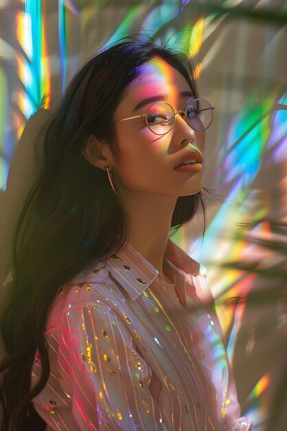 A woman with glasses standing in front of a rainbow wall at an art event