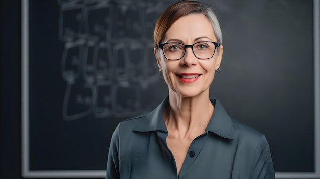 A woman with glasses stands in front of a blackboard that says'science'on it