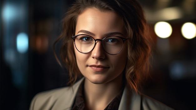 A woman with glasses stands in front of a blurred background