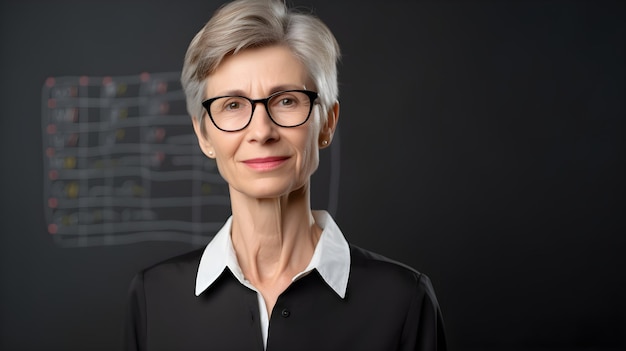 A woman with glasses stands in front of a chalkboard that says'the woman behind her '