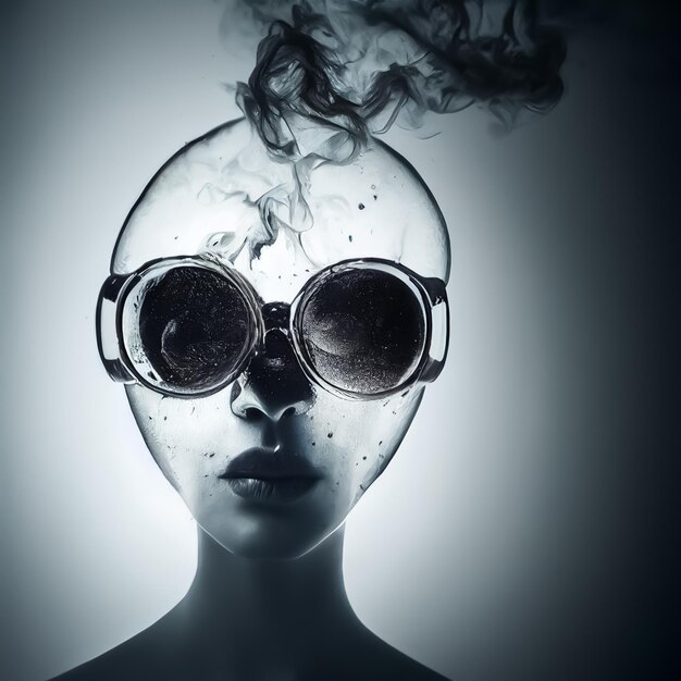 眼鏡をかけ、顔に湯気がかかり、目から煙が出ている女性。