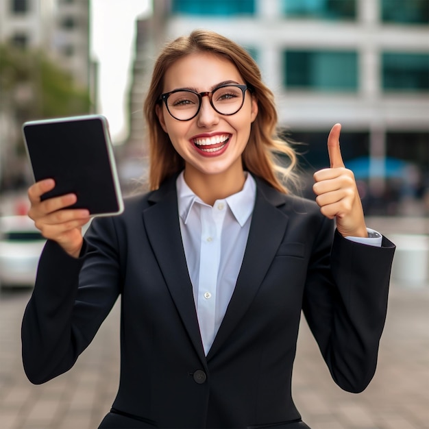 A woman with glasses and a tablet shows a thumbs up sign.