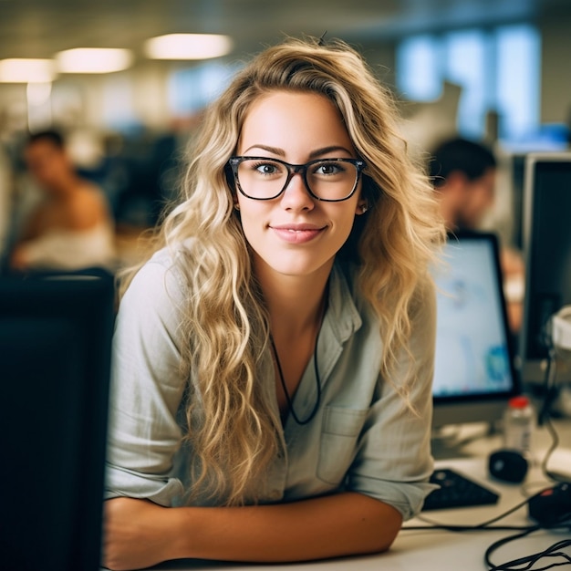 Photo a woman with glasses that is laying down in front of a computer.