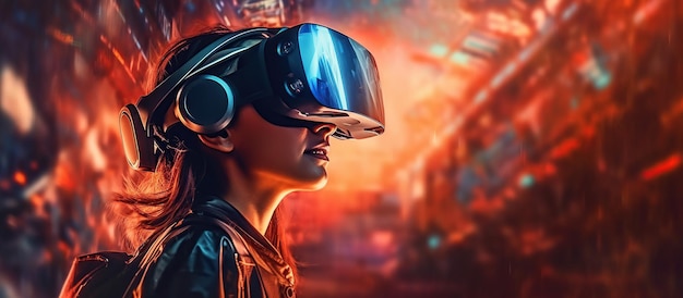 Woman with glasses of virtual reality Future technology concept