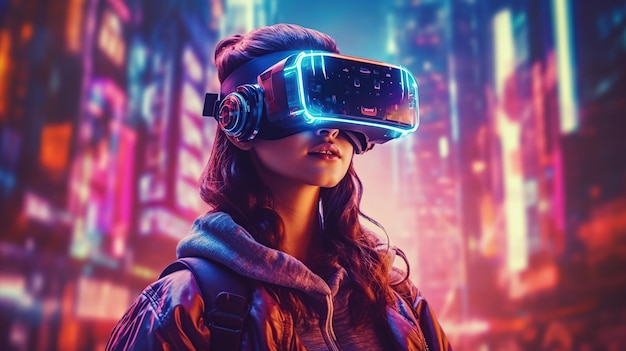 Woman with glasses of virtual reality Future technology concept