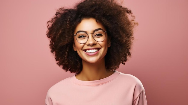 Premium AI Image | A woman with glasses wearing a pink shirt with a ...