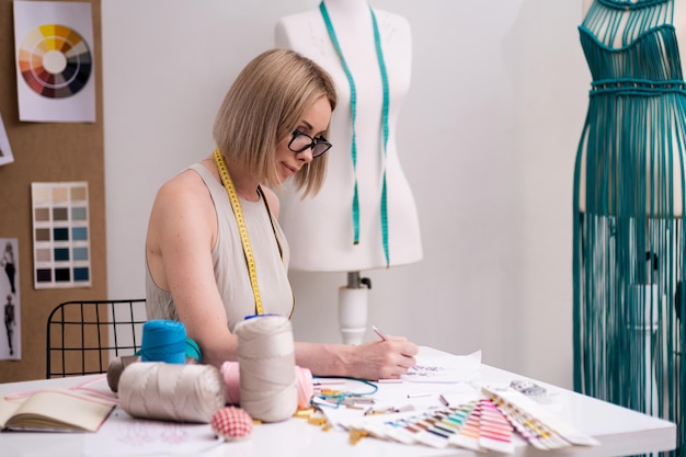 Photo woman with glasses works upon elegant apparel sketch in fashion studio clothes designer in studio