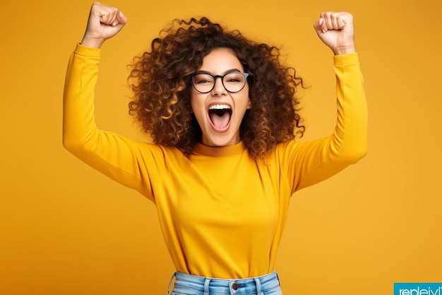 Photo a woman with glasses and a yellow shirt with the word  im a