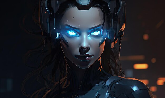 A woman with glowing blue eyes and headphones