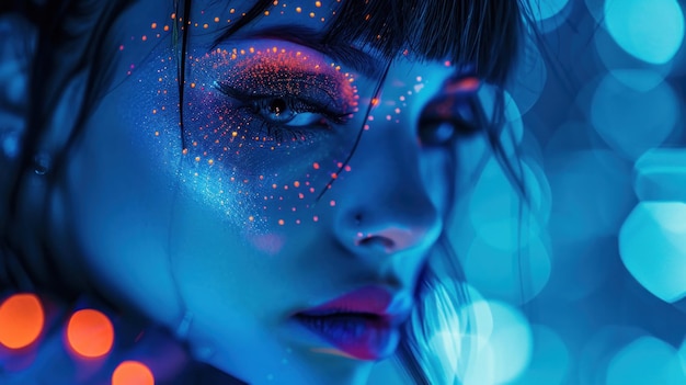 A woman with glowing eyes and a face painted in blue ai