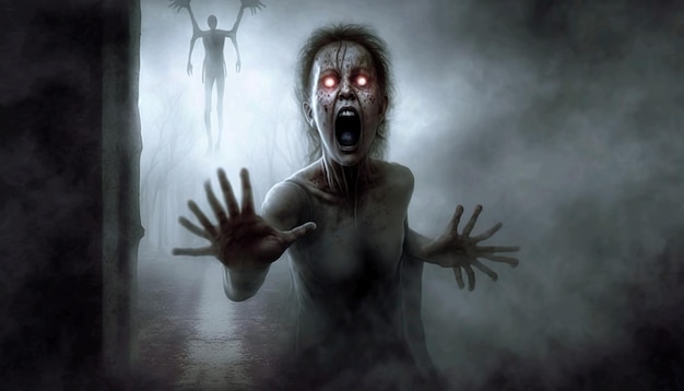 暗いシーンの中で、目を輝かせた女性と背景に幽霊がいる