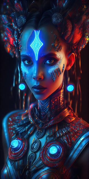 A woman with glowing face and blue and red lights