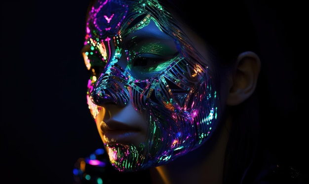 A woman with a glowing face paint that has a glow in the dark face.