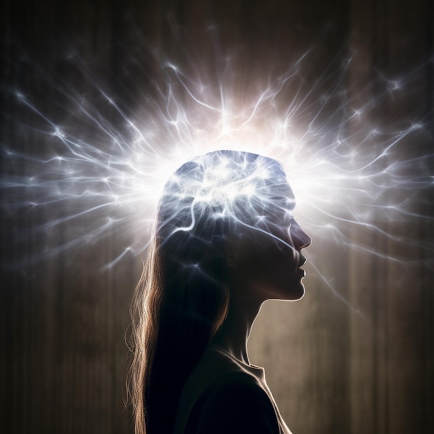 Photo a woman with a glowing head and the word light on it