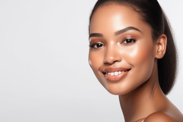 A woman with a glowing skin smiles for the camera.