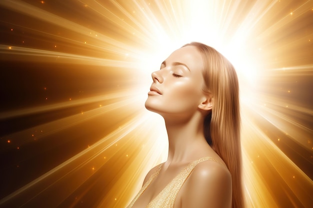 A woman with a glowing sunburst on her head