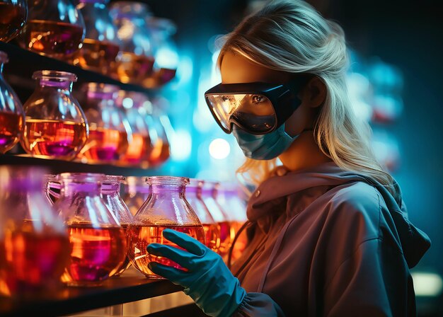 Photo a woman with goggles is looking into a glass with a red liquid in it.