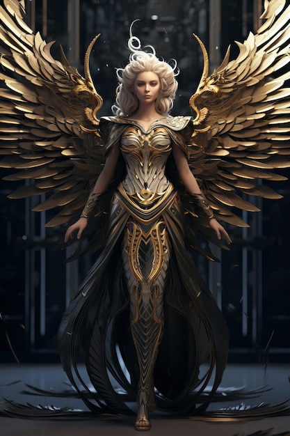 A woman with a gold angel on her head