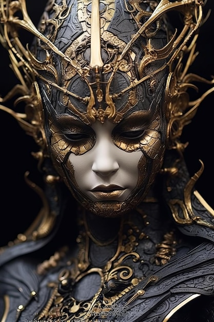 A woman with gold and black face paint and gold leaves.