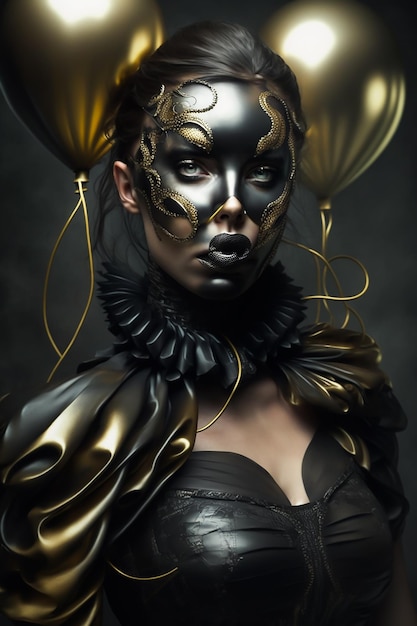 A woman with gold and black makeup and a mask