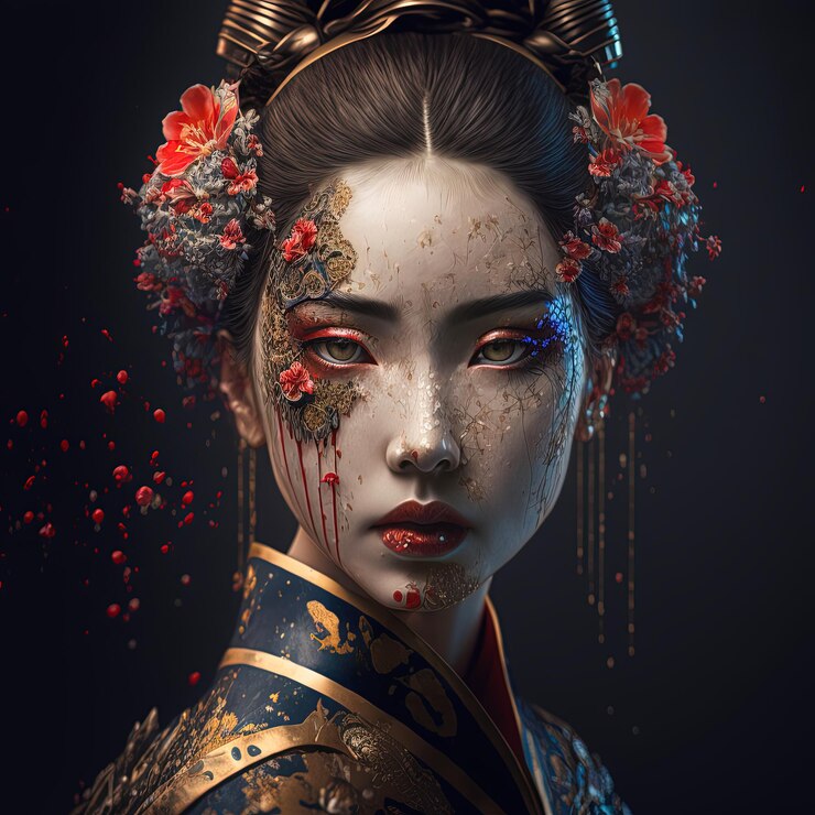 Photo 一個穿著金色和藍色禮服,臉上戴著紅色花的女人