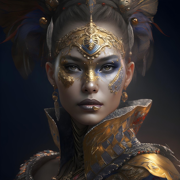 A woman with gold and blue eyes and a gold face