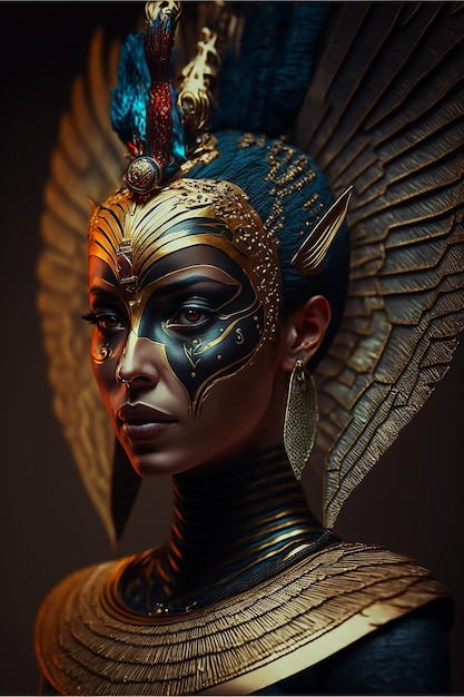 A woman with a gold and blue mask and wings