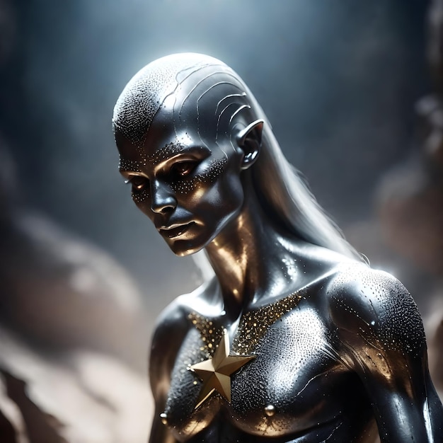 a woman with a gold body and silver body is standing in a dark room