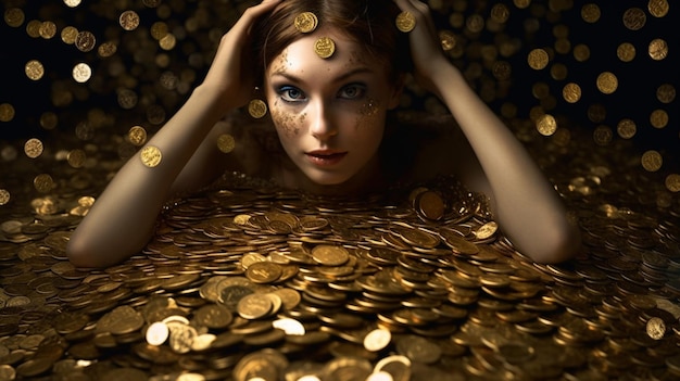 A woman with gold coins in her hair