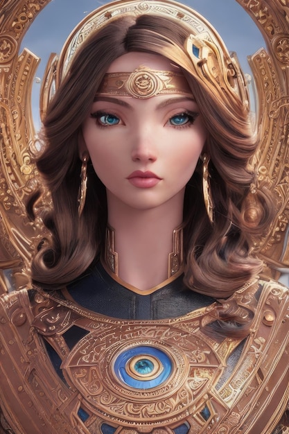 A woman with a gold crown and blue eyes is shown with a gold ring and a blue eye.