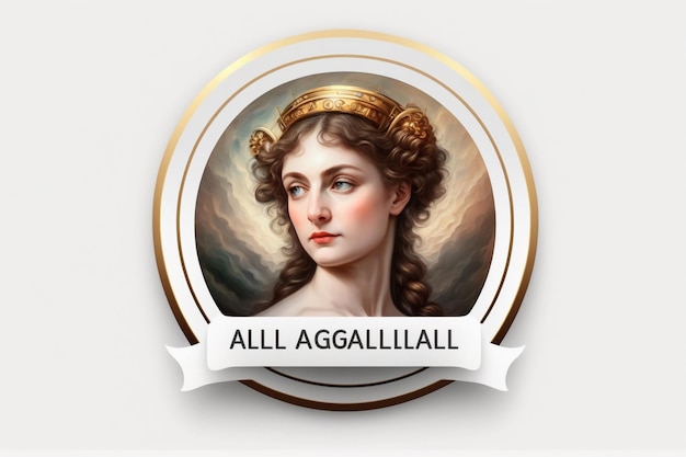 「all ag ag ag agavel」と書かれた金の冠をかぶった女性。