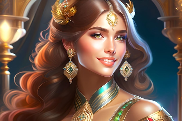 A woman with a gold crown and gold jewelry