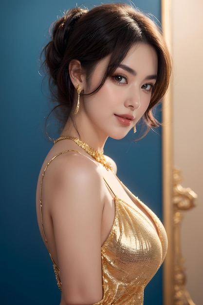 a woman with a gold dress and a gold necklace