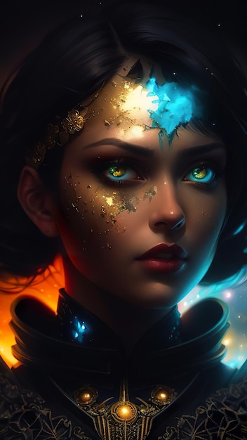 A woman with gold eyes and a blue and gold face