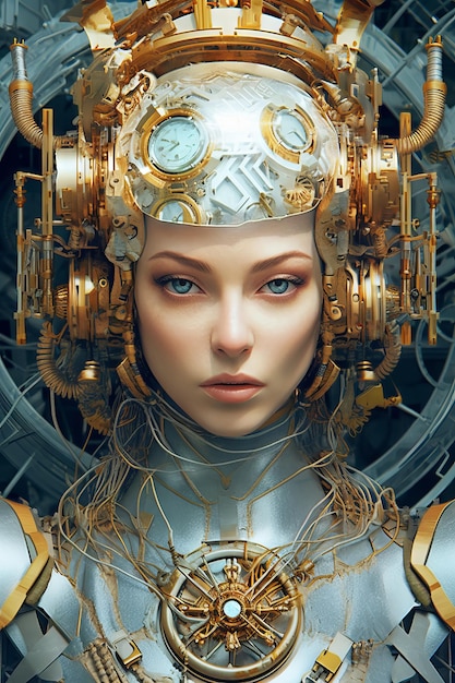 A woman with a gold face and a clock on her head
