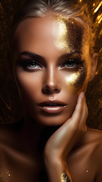 Photo a woman with a gold face and a gold glitter on her face