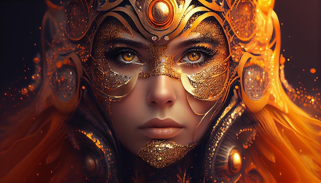 A woman with gold face and gold mask