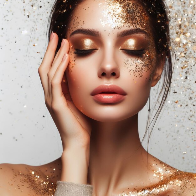 a woman with gold glitter on her face