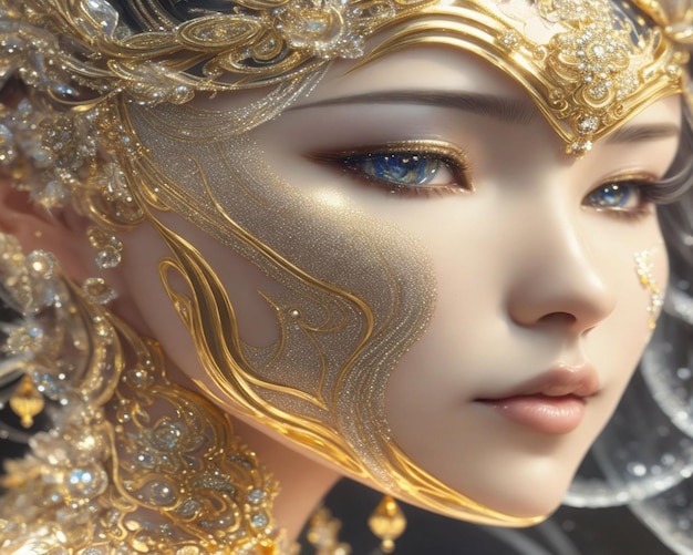 A woman with gold hair and gold makeup