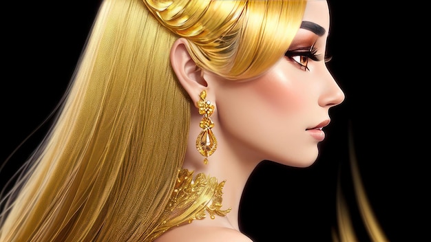 A woman with a gold hairdo and a gold earrings