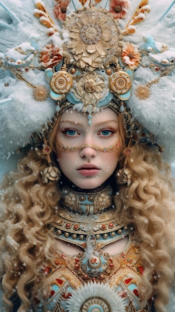 A woman with a gold headdress and a blue eyes wearing a gold and white costume.