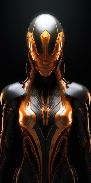 A woman with a gold helmet and a black background