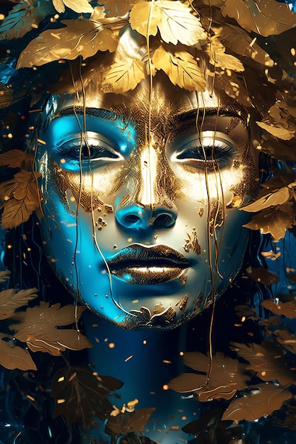 A woman with a gold leaf on her face