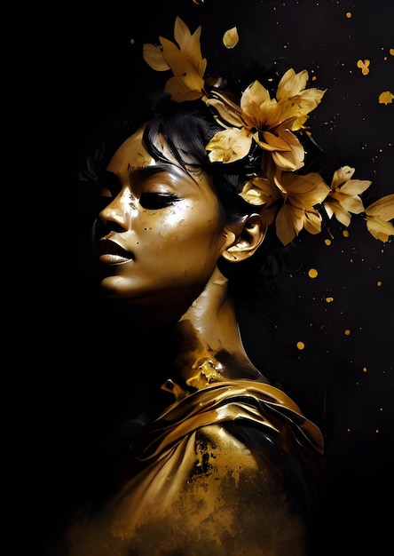 A woman with gold leaves on her head and a black background with yellow flowers.