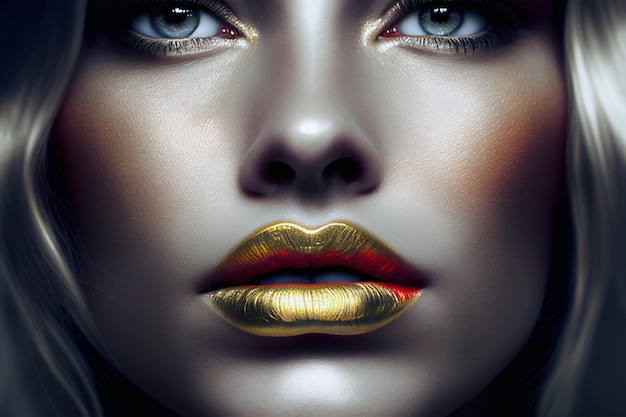 A woman with gold lips and red lips