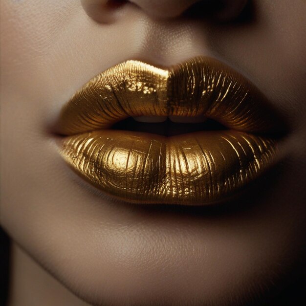 a woman with gold lipstick on her lips